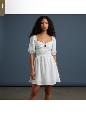 DISSH white linen mini dress - White Puff-Sleeve Mini Dress with Keyhole Detail